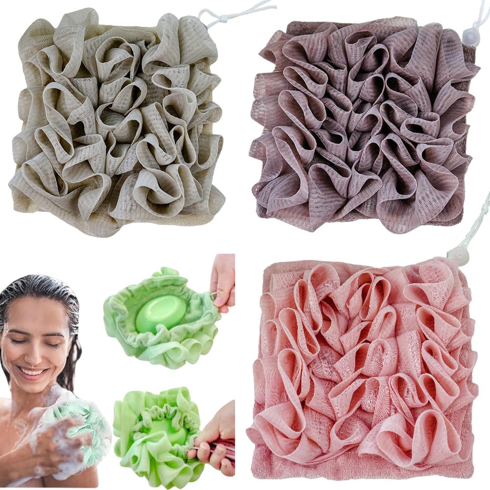 3-Pack Loofah Wash Cloth Combo: 2 in 1 Shower Pouf with Bar Soap Pocket, Exfoliating Mesh Bath Ball for Body Wash Cleansing and Smooth Skin, Soap Loofah Pouch (Coffee + Khaki + Pink)