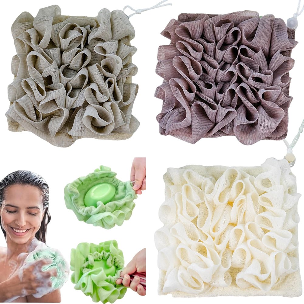 3-Pack Loofah Wash Cloth Combo: 2 in 1 Shower Pouf with Bar Soap Pocket, Exfoliating Mesh Bath Ball for Body Wash Cleansing and Smooth Skin, Soap Loofah Pouch (Coffee + Khaki + Beige)