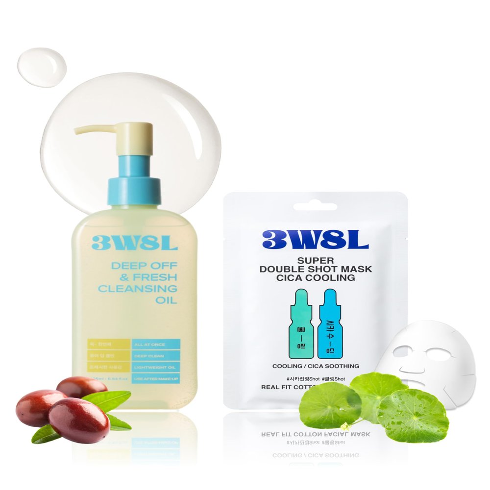 3W8L Deep Off & Fresh Cleansing Oil + [Super Double Shot] Cica Cooling Face Mask Bundle | Hydrating Korean Facial Mask & Makeup Remover Oil Cleanser | Cooling, Calming, Deep Cleansing, Eco-Friendly