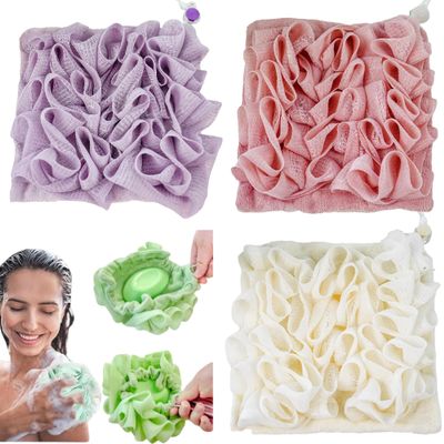 3-Pack Loofah Wash Cloth Combo: 2 in 1 Shower Pouf with Bar Soap Pocket, Exfoliating Mesh Bath Ball for Body Wash Cleansing and Smooth Skin, Soap Loofah Pouch (Purple + Pink + Beige)