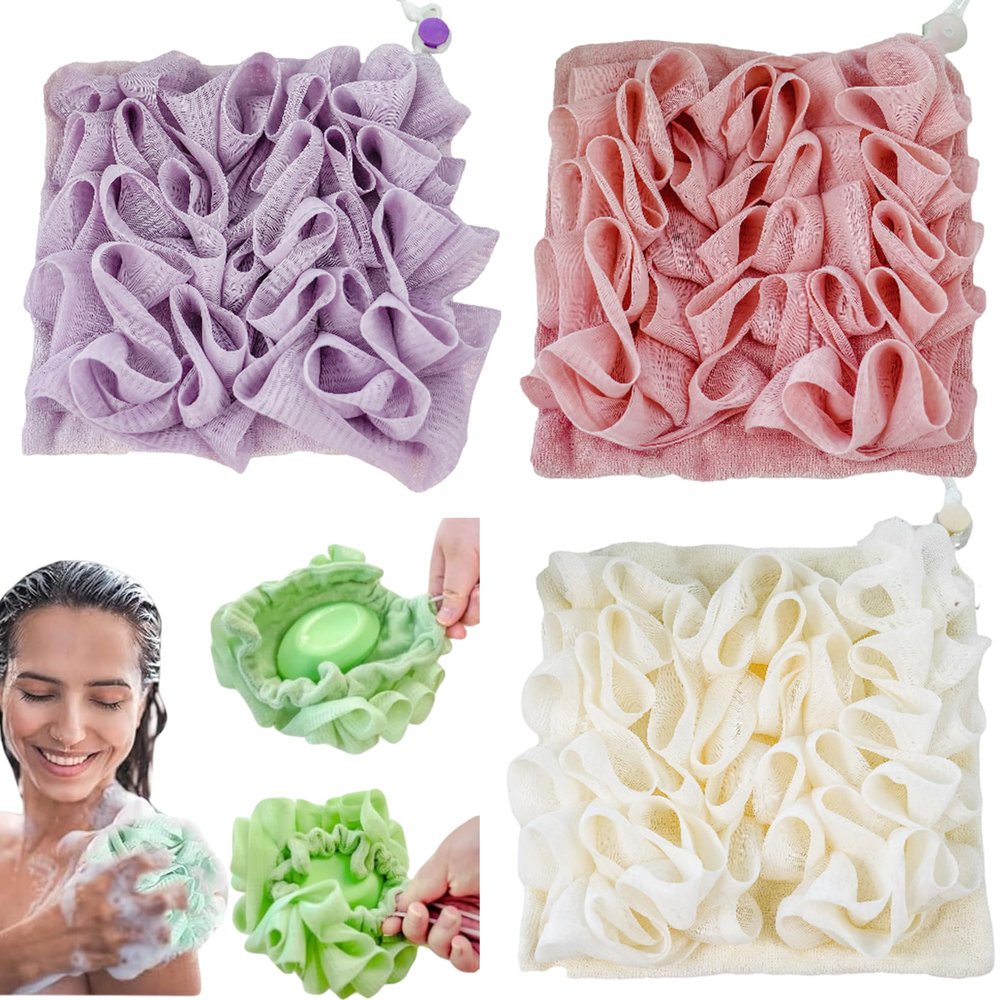 3-Pack Loofah Wash Cloth Combo: 2 in 1 Shower Pouf with Bar Soap Pocket, Exfoliating Mesh Bath Ball for Body Wash Cleansing and Smooth Skin, Soap Loofah Pouch (Purple + Pink + Beige)