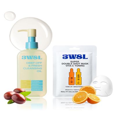 3words 8letters 3W8L Korean Skin Care Set Deep Cleansing Oil, Makeup & Sunscreen Remover, Blackhead & Pore Care + Vita-C Toning Face Mask, Hydrating Ampoule Sheet Mask, 2-Step Facial Bundle