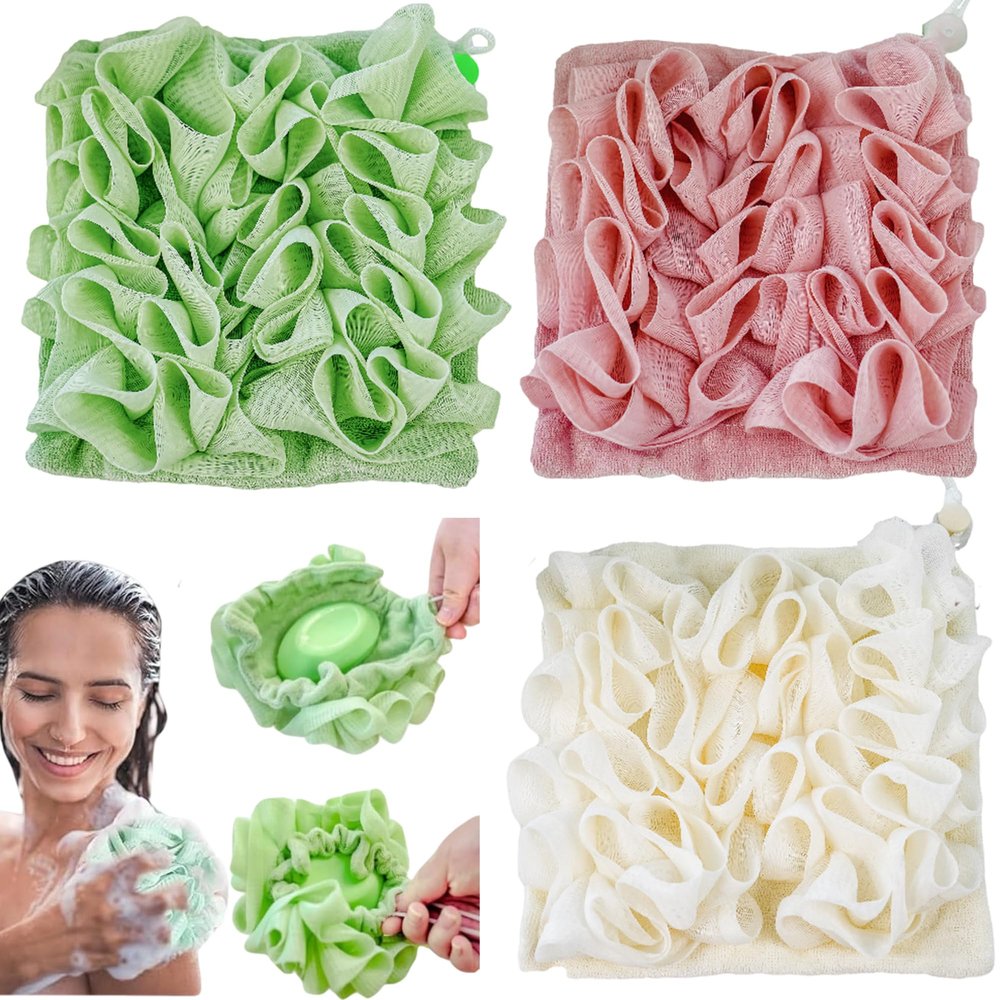 3-Pack Loofah Wash Cloth Combo: 2 in 1 Shower Pouf with Bar Soap Pocket, Exfoliating Mesh Bath Ball for Body Wash Cleansing and Smooth Skin, Soap Loofah Pouch (Green + Pink + Beige)