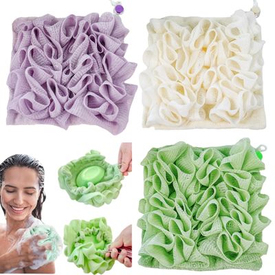3-Pack Loofah Wash Cloth Combo: 2 in 1 Shower Pouf with Bar Soap Pocket, Exfoliating Mesh Bath Ball for Body Wash Cleansing and Smooth Skin, Soap Loofah Pouch (Purple + Beige + Green)