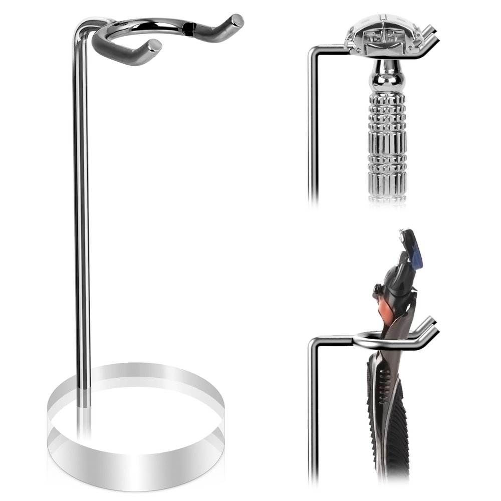 Linkidea Stainless Steel Razor Stand, Shaving Holder Weighted Acrylic Base, Compatible with Gillette ProGlide Power, Merkur 23C, Schick Hydro Sensitive (Silver)