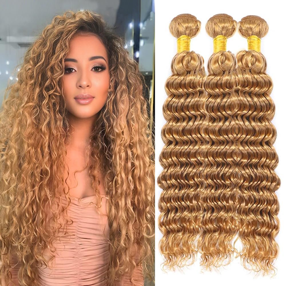 Deep Wave Bundles Human Hair 3 Bundles 16 18 20 Inch Honey Bloned Bundles Color 27 Brazilian Unprocessed Virgin Human Hair Soft Quick Weave Hair for Black Women #27