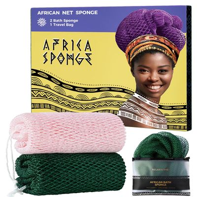 Afro Scrubber African Net Sponge - 2 Pieces Authentic African Wash Cloths - Exfoliating Body Sponges for Showering Forest & BabyPink - Back Scrub Exfoliator Shower Loofah for Body Bath Accessories