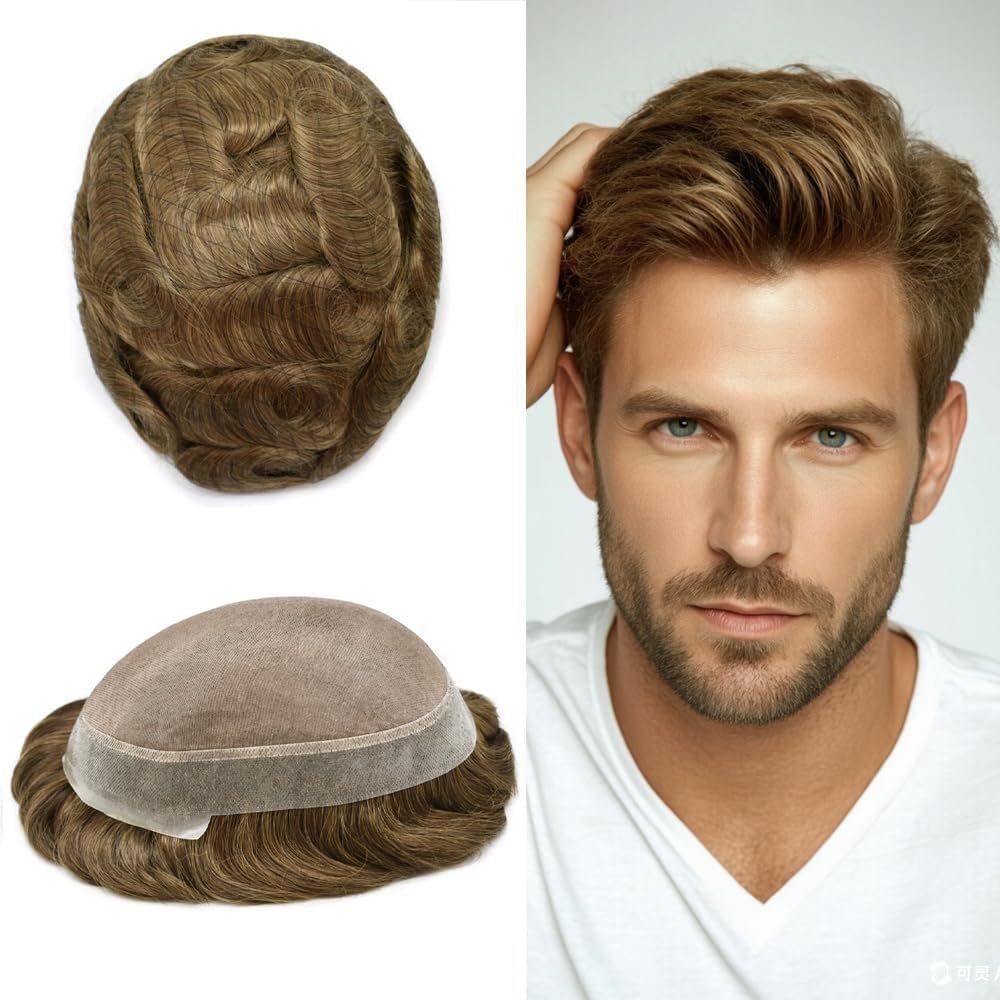 FACE MIRACLE Mens Toupee Hair Replacement System for Men Poly Skin Toupee for Male Real Human Hair Piece Fine Mono Mens Hairpiece Natural Hairlines 7''X9'' 120% #2010 20# LIGHT ASH BLONDE 10% GRYE