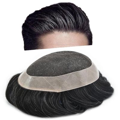 FACE MIRACLE French Lace Toupee for Men Thin Skin Around Mens Human Hair Replacement System Bleached Knots Mens Toupee Hairpieces 6X9#1B65#1B Off Black+65% Grey