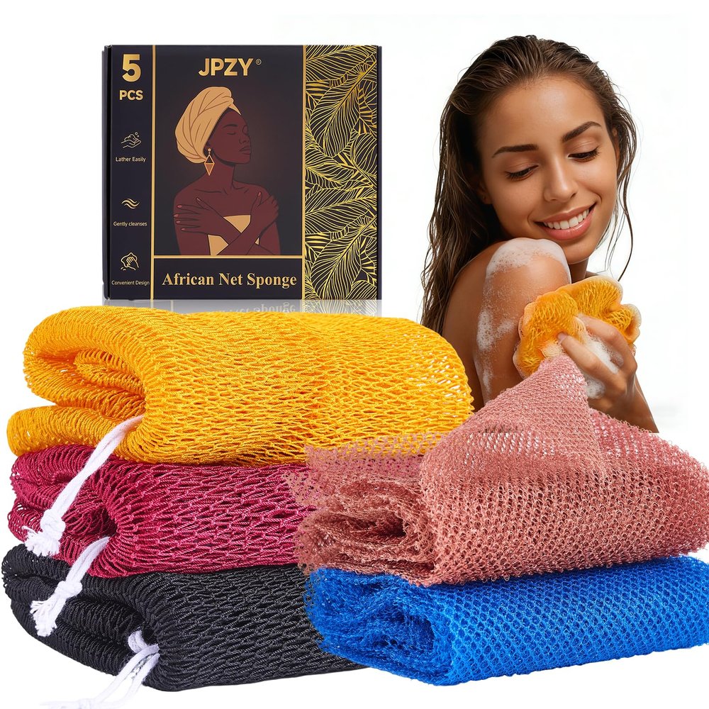 African Net Sponge 5-Piece exfoliating Scrub is Suitable for All Skin Types,Bath Sponge for The face and Body, Durable and Gently Exfoliation