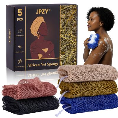 African Sponge Net 5-piece exfoliating Scrub is Suitable for All Skin Types,Bath Sponge for the face and Body, Durable and Gently Exfoliation (Black, Brown, Olive Green, Grey, Dark Blue)