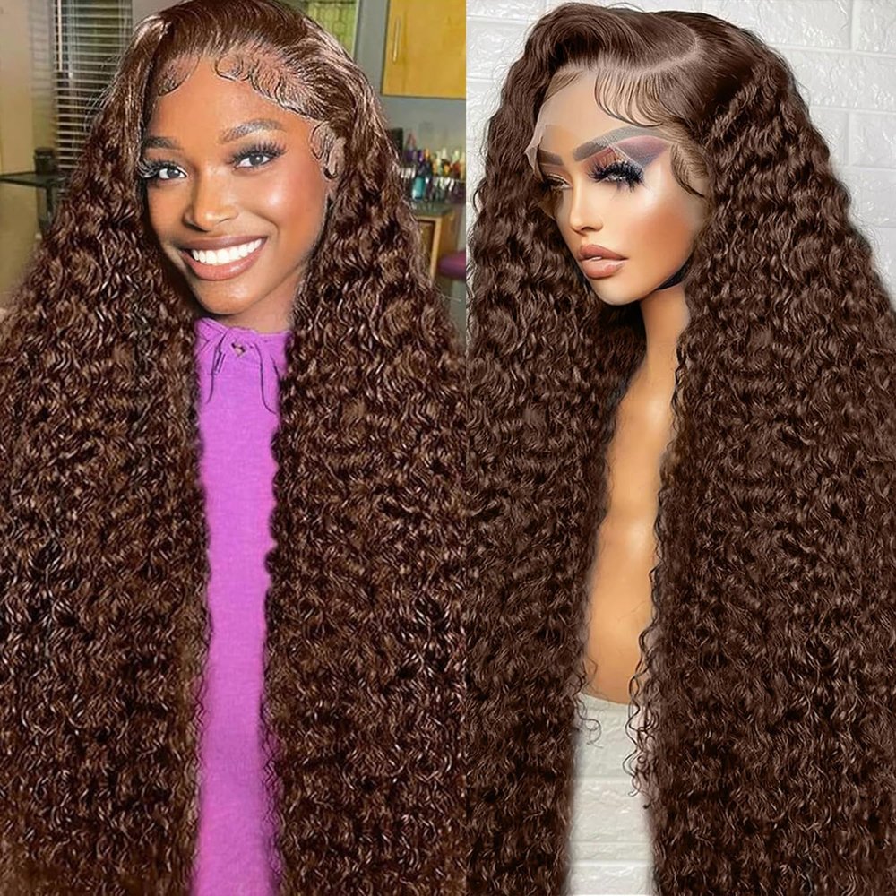 Chocolate Brown Lace Front Wig 13x6 Deep Wave Lace Front Wigs Human Hair 200% Density Curly Wig HD Lace Front Wigs Human Hair Pre Plucked Frontal Wigs Human Hair Glueless Wig For Women 28 Inch
