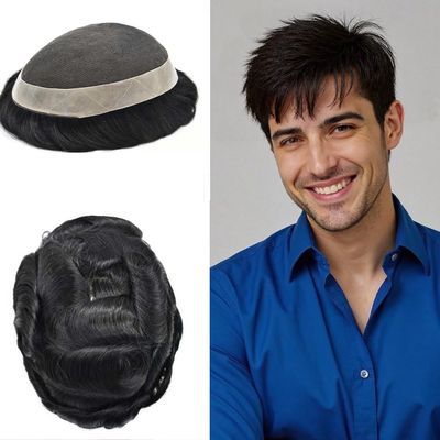 FACE MIRACLE French Lace Toupee for Men Thin Skin Around Mens Human Hair Replacement System Bleached Knots Mens Toupee Hairpieces 7X10#740#7 Very Light Brown+40% Grey