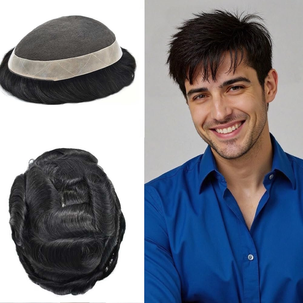 FACE MIRACLE French Lace Toupee for Men Thin Skin Around Mens Human Hair Replacement System Bleached Knots Mens Toupee Hairpieces 7X10#740#7 Very Light Brown+40% Grey