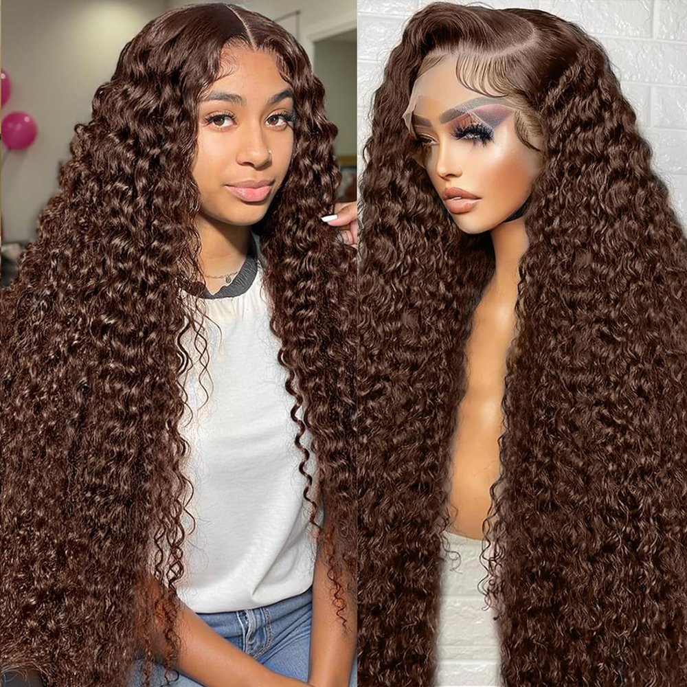 30 Inch Chocolate Brown Lace Front Wig Deep Wave Lace Front Wigs Human Hair 200 Density 13x6 HD Lace Frontal Wig Brown Curly Human Hair Pre Plucked with Natural Hairline Glueless Wigs for Women