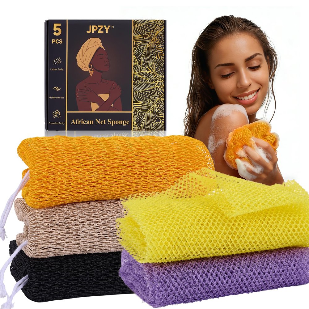 African Net Sponge 5-Piece exfoliating Scrub is Suitable for All Skin Types,Bath Sponge for The face and Body, Durable and Gently Exfoliation