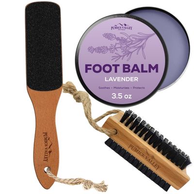 Pumice Valley Foot Balm Cream for Dry Cracked Heels and Feet -Lavender Foot Lotion- Foot File with Handle Pumice Stone for Dry Dead Skin -Wooden Cleaning Finger Nail Brush with Nylon Charcoal Bristles