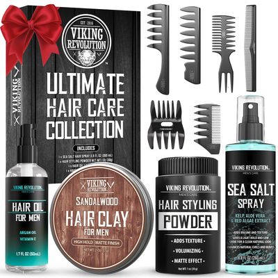 Viking Revolution Ultimate Hair Care Collection - Styling Hair Kit Includes Sea Salt Spray (8.8fl oz), Texture Powder (1oz), HairClay (2 oz), Comb Set (6 Pieces) and Oil (1.7fl oz) - Men Gifts