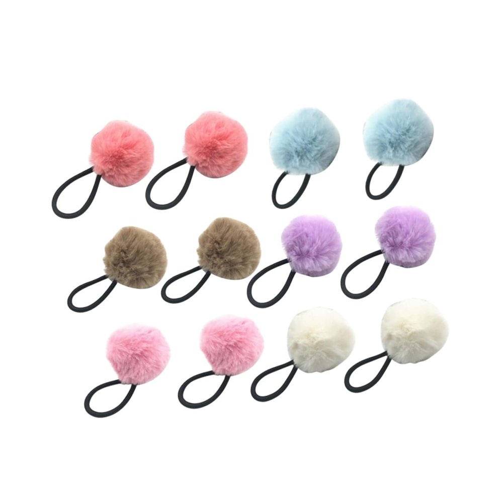 ELAYARD 12 Pcs Fluffy Ball Hair Tie with Elastic Ponytail Holders for Soft Faux Fur Ball Hair Bands in White Pink Sky Blue Khaki Light Purple and Watermelon Red for Styling and Decoration