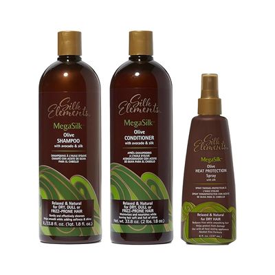 Silk Elements Megasilk Olive Hair Bundle: Olive Heat Protection Spray (8 oz), Olive Shampoo (33.8 oz), & Olive Conditioner (33.8 oz)