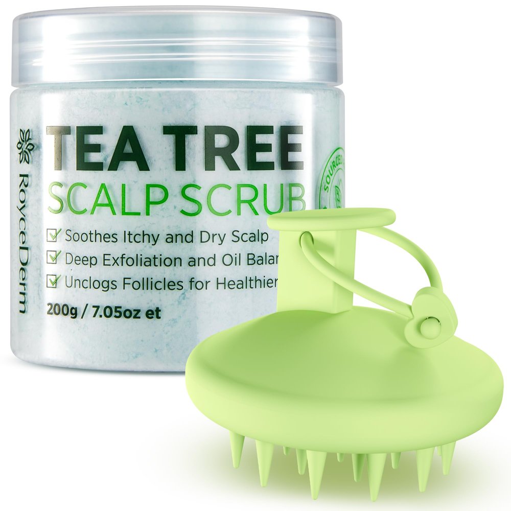 Roycederm Tea Tree Scalp Scrub with Scalp Massager Brush - Deep Cleansing & Exfoliating Pre-Shampoo Treatment for Dry, Flaky Scalp Gently Refreshes, Hydrates & Balances Scalp