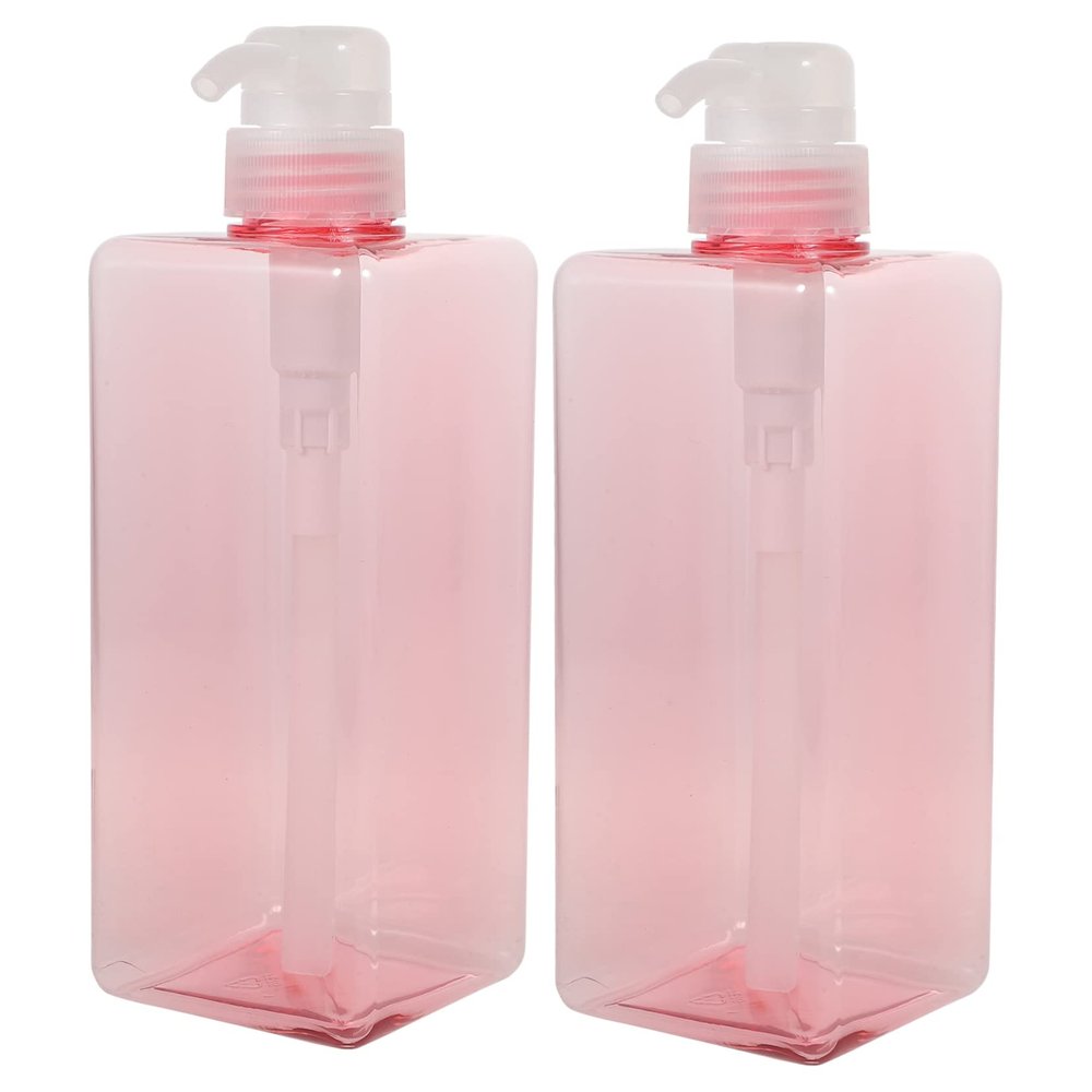 Beavorty 2PCS Pink Square Shampoo Bottle with Refillable Pump Dispenser Large Capacity Lotion Wash Bottles for Home Bathroom Hotel Use