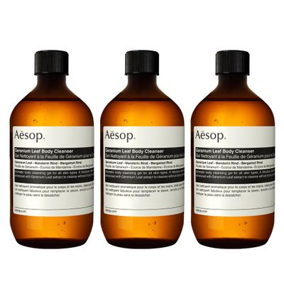 Aesop Geranium Leaf Body Cleanser Refill | Invigorating Gentle Cleansing Gel | Green, Citrus, Fresh | 16.9 fl oz (Pack of 3)