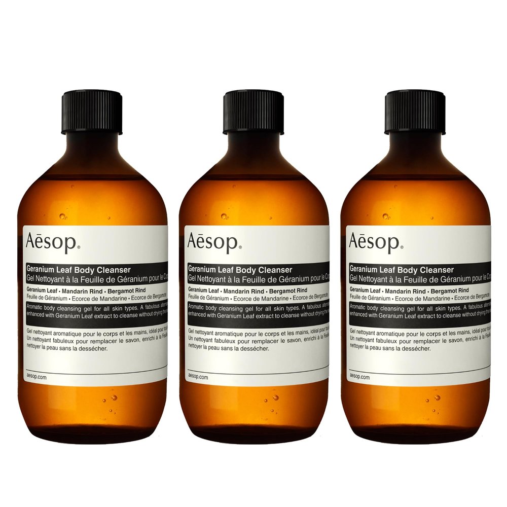Aesop Geranium Leaf Body Cleanser Refill | Invigorating Gentle Cleansing Gel | Green, Citrus, Fresh | 16.9 fl oz (Pack of 3)