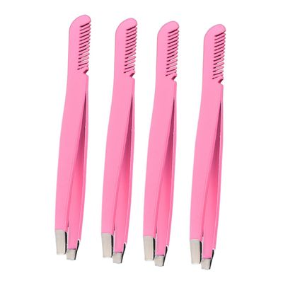 COOLHIYA 4pcs Stainless Steel Diagonal Tweezers with Comb Precision Eyebrow Clamps for Shaping and False Eyelash Application Compact Makeup Tool for Travel and Gift