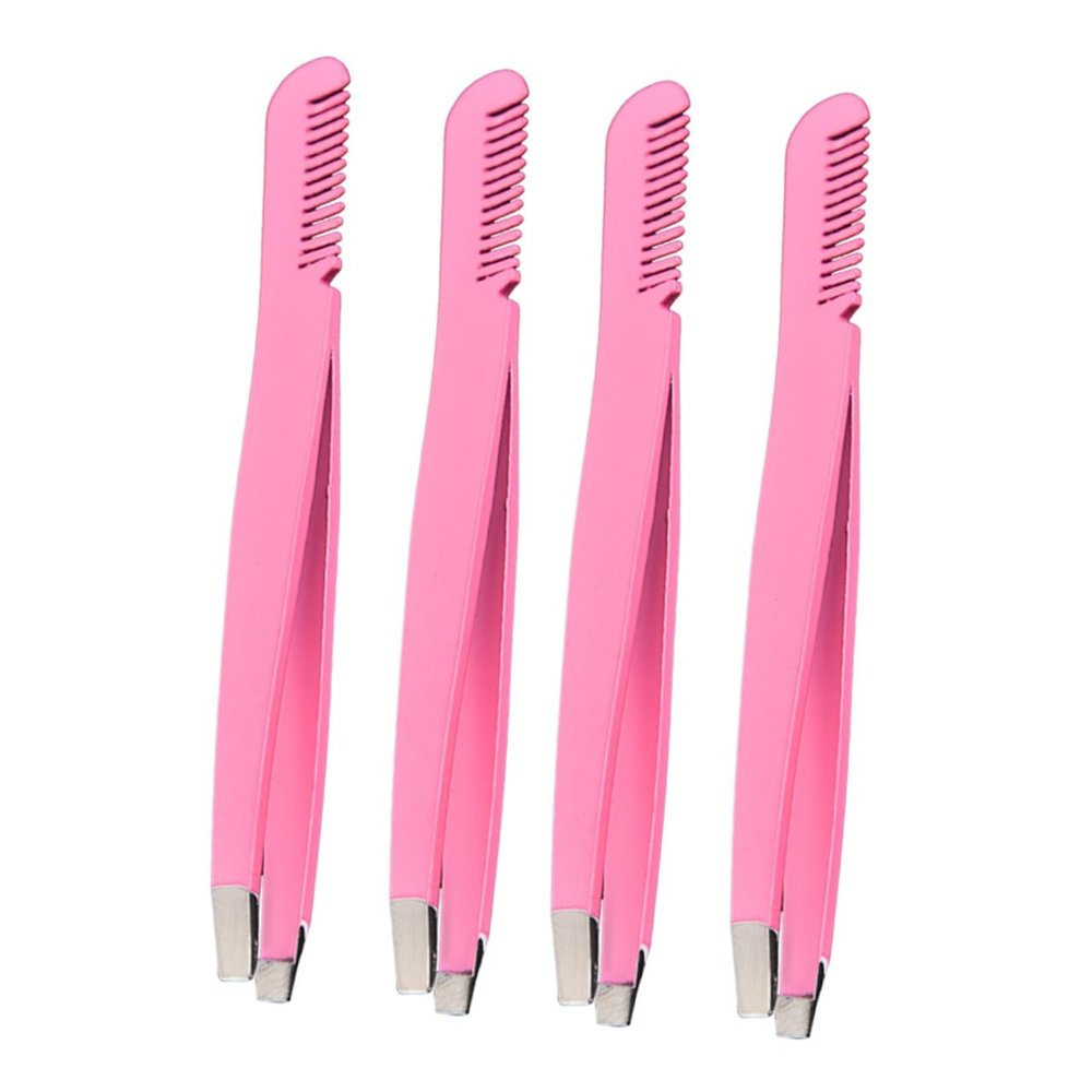COOLHIYA 4pcs Stainless Steel Diagonal Tweezers with Comb Precision Eyebrow Clamps for Shaping and False Eyelash Application Compact Makeup Tool for Travel and Gift