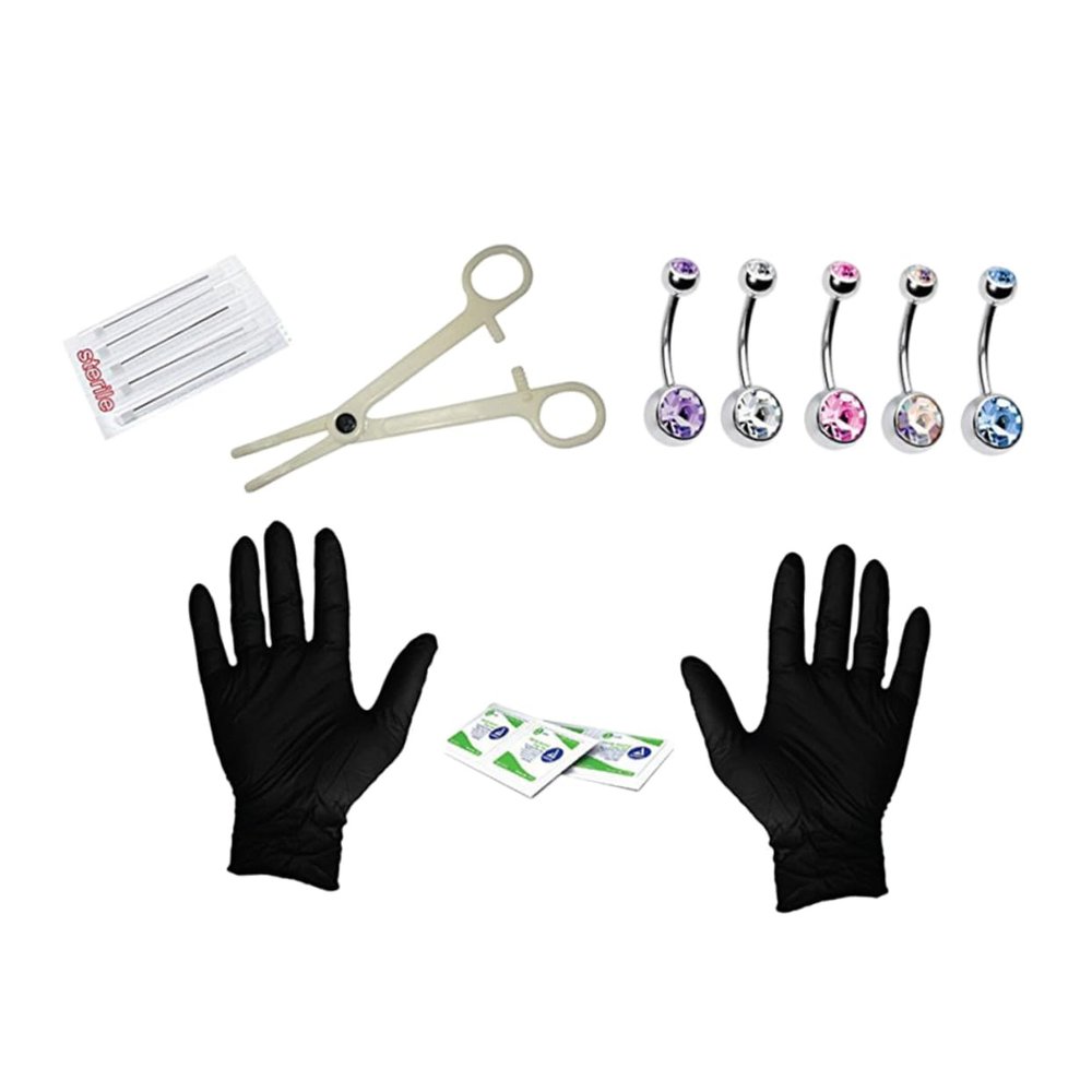 Beavorty 15pcs Stainless Steel Belly Button Ring Piecing Kit Professional Navel Piercing Set with Gloves Safe for Daily and Professional Use Silver Color Random Random Color