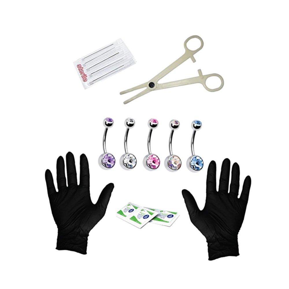 Baluue 15pcs Professional Navel Piercing Kit Stainless Steel Piecing Rings Set with Gloves Comfortable Belly Button Jewelry for Piercing Use Random Color