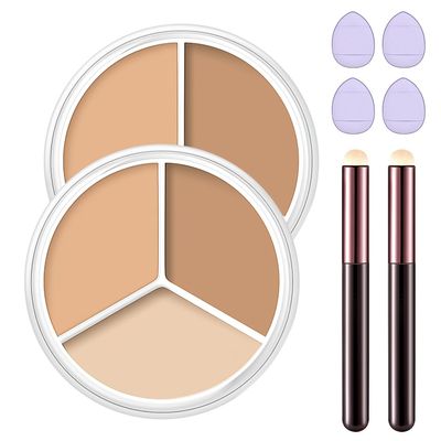 2pc Tricolor Concealer Palette with Brush for Older Women, Portable Color Corrector Makeup Kit, White Concealer for Dark Circles, Blemishes & Redness Coverage