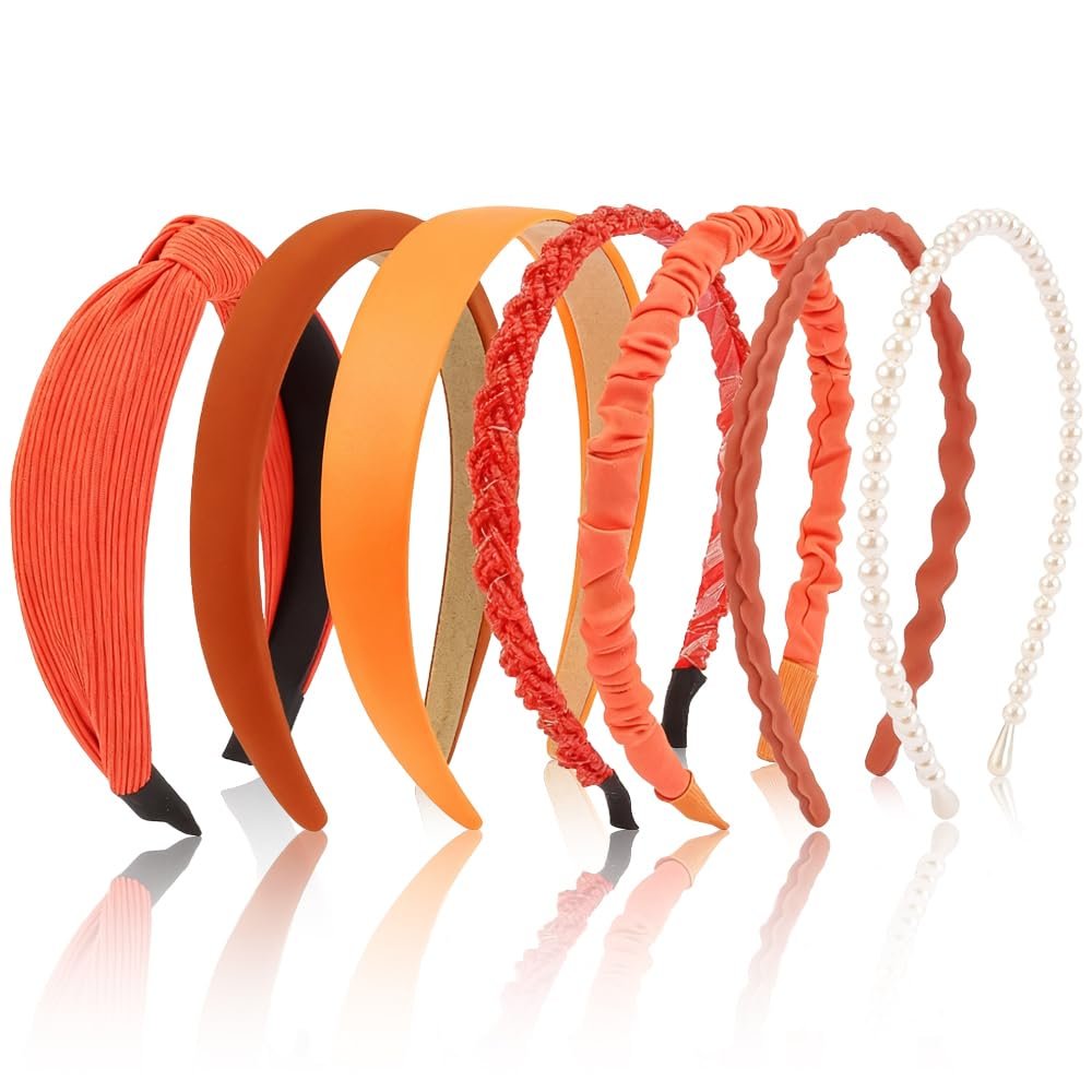 AHONEY 7 Pack Orange Headbands for Women Girls Headbands Non Slip Hairbands Fashion Hair Accessories Multi-style Headband Pack Diademas Para Muje