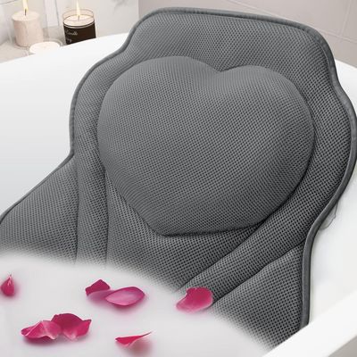 Bath Pillow for Tub  Luxury Bathtub Pillow with Air Mesh Fabric & 6 Strong Suction Cups, Head, Neck & Back Support Cushion  Non-Slip Bath Accessories, Relaxing Spa Gifts (Grey)