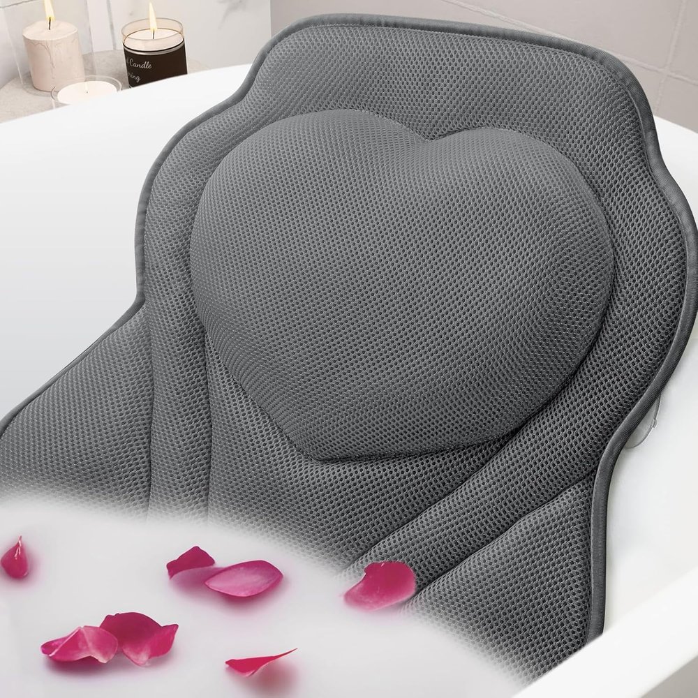 Bath Pillow for Tub  Luxury Bathtub Pillow with Air Mesh Fabric & 6 Strong Suction Cups, Head, Neck & Back Support Cushion  Non-Slip Bath Accessories, Relaxing Spa Gifts (Grey)