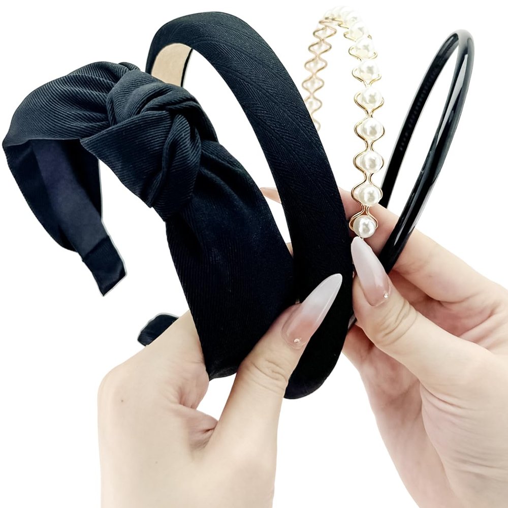 IAXSEE 4PCS Headbands for Women and Girls Pearl Non-Slip Wide Padded Headbands Cute and Vintage Women's Hair Accessories(Black)