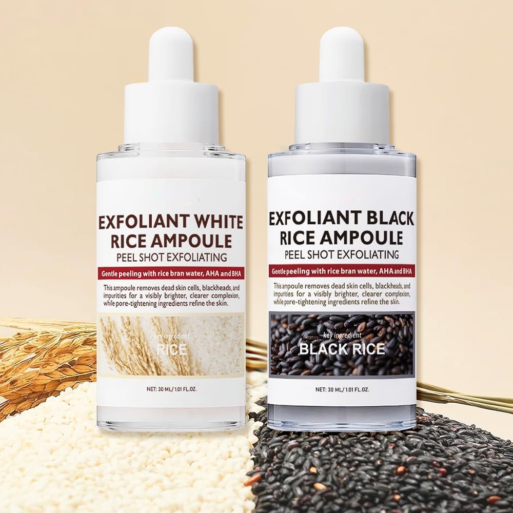 Korean Skin Peel Shot Glow Rice Ampoule Duo - 2PCS | Black & White Rice Exfoliating Set for Face & Body | Gentle Peel with Pore Care & Hydration, 60ml
