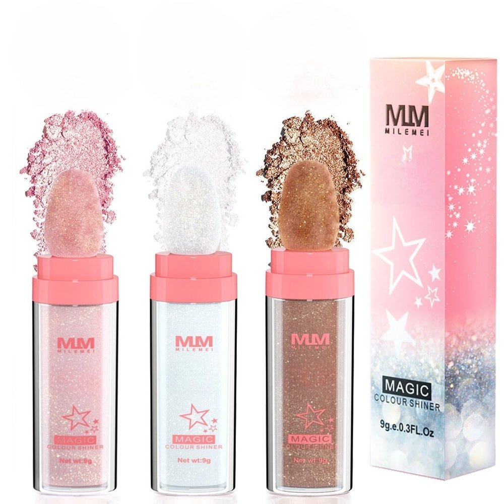 3Color Glitter Powder Highlighter Makeup, Body Brightens the Natural Three-Dimensional Face Blusher Fairy Highlight Patting Powder (3Colors/set)
