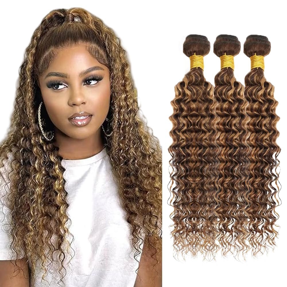 Brown Human Hair Bundles P427 Highlight Honey Blonde Deep Wave 3 Bundles Human Hair 16 18 20 Inch Double Weft Grade 12A Unprocessed Virgin Remy Hair 2 Tone #4 Mixed With Color 27 50g Per Bundle