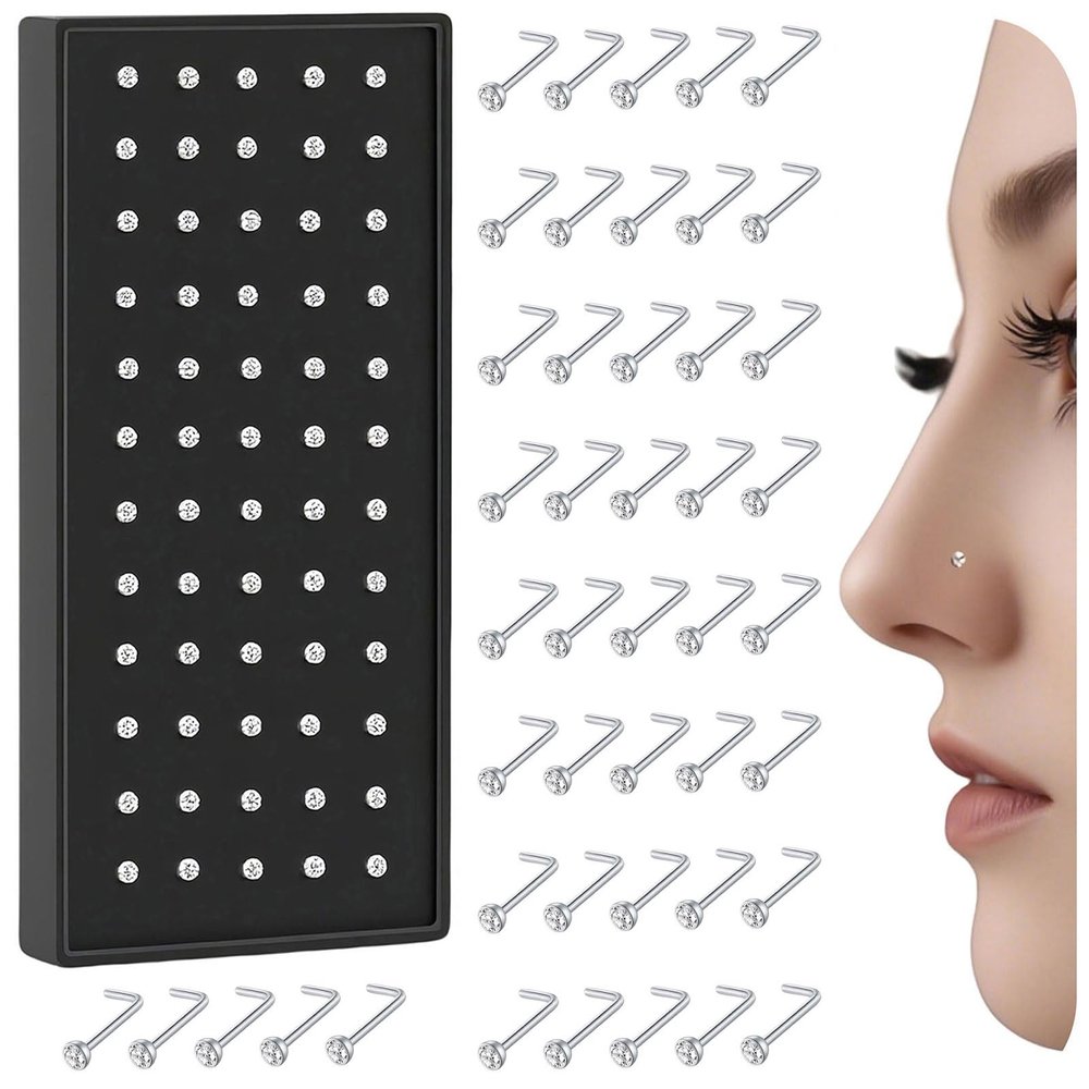 316L Surgical Steel 20g Nose Rings Studs 1.5mm 1.8mm 2mm CZ Nose Screw Studs Rings Body Jewerly for Women (40Pcs L Nose Rings-silvery)