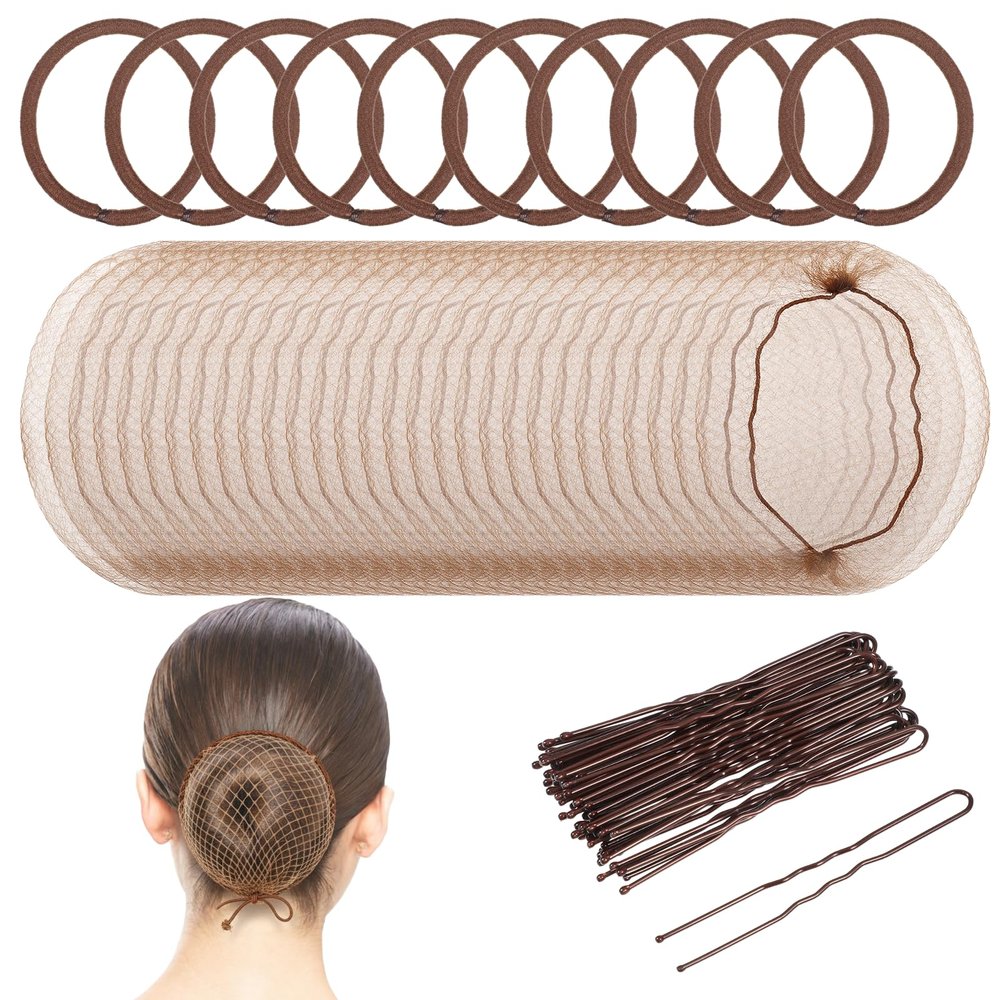 Bun Maker and Hair Nets Set, Invisible Hair Nets 30PCS with U Shaped Bobby Pins 40PCS & 10pcs Elastic Hairs Bands Brown Invisible Hairs Bun Net Set for Ballet Buns, Sleeping, Women and Wig