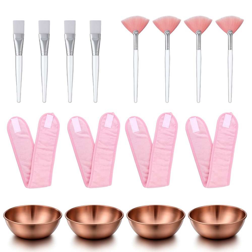16Pcs Esthetician Supplies for Facials Set, 4 Stainless Steel Facial Mask Mixing Bowls, 4 Facial Fan Brushes, 4 Flat Brushes, 4 Headbands, Spa Party Favor, Facial Mask Mixing Kit for DIY