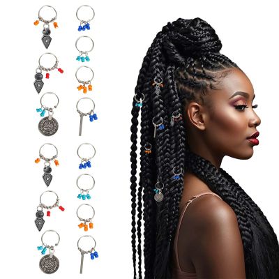 14 Pcs Bohemian Silver Tribal Braid Rings,African-Inspired Decorations Circle Hair Jewelry Set,Metal Hair Charms for Braid,Vintage Hair Dreadlocks Accessories for Women's Hairstyles (Style B, 14, Count)