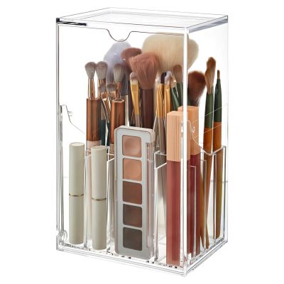 Acrylic Makeup Brush Holder with Cover, See-Through Vanity Organizer for Cosmetics, Featuring Various Compartments for Brushes and Lipsticks