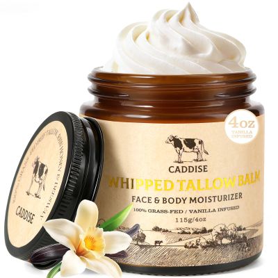 Whipped Beef Tallow for Skin100% Grass-Fed Handmade Cream Moisturizer for Face & Body, Natural with Honey, Shea Butter, Jojoba Oil, Non-Greasy, Nourishing for Men, Women, Kids, 4 Oz (Vanilla)