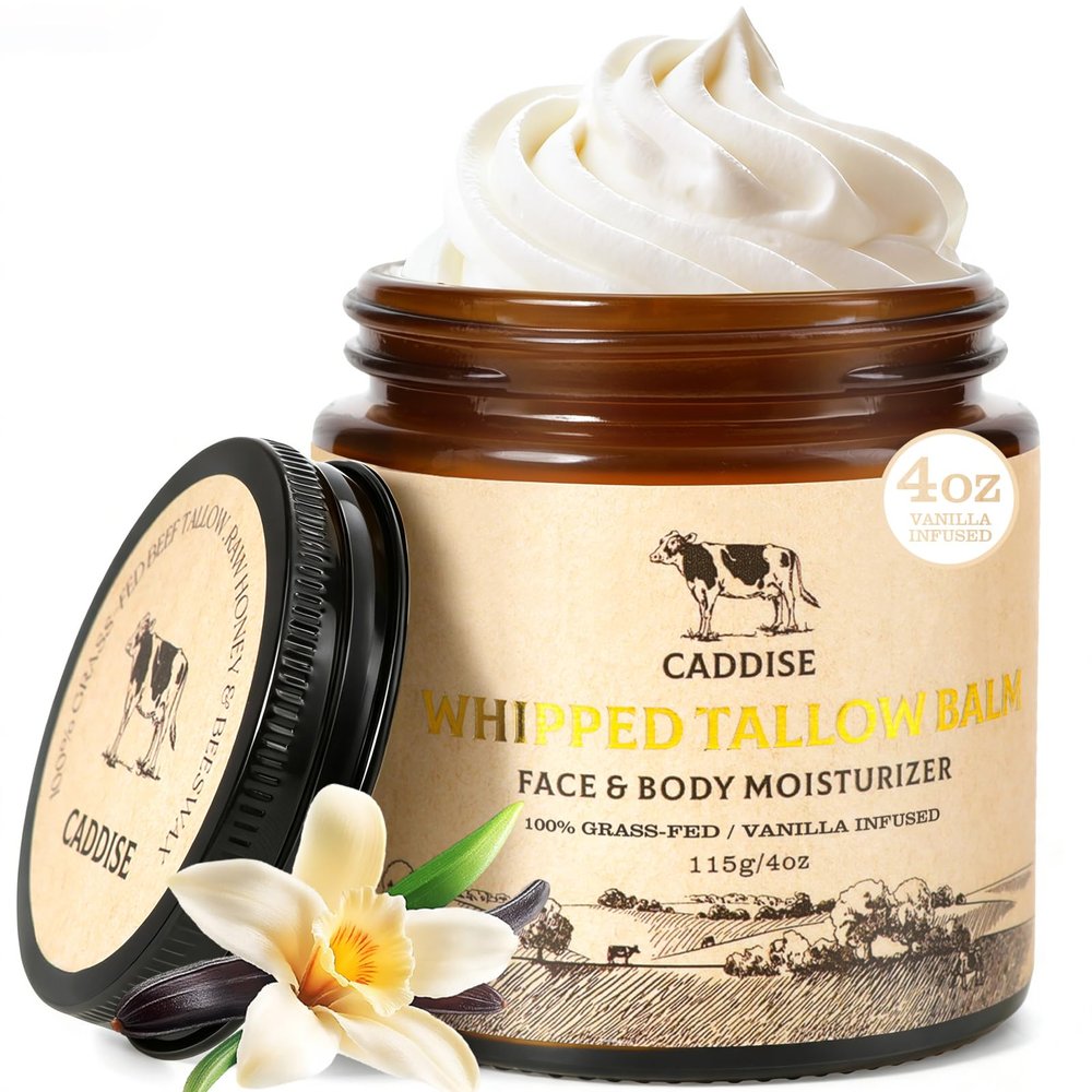 Whipped Beef Tallow for Skin100% Grass-Fed Handmade Cream Moisturizer for Face & Body, Natural with Honey, Shea Butter, Jojoba Oil, Non-Greasy, Nourishing for Men, Women, Kids, 4 Oz (Vanilla)