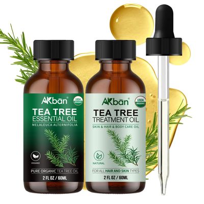 AKBAN Tea Tree Essential Oil & Tea Tree Hair Treatment Oil  100% Pure & Natural  Ideal for Hair, Skin, Nails, Diffuser Aromatherapy & DIY Soap Making Scent - 2 FL.OZ*2