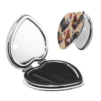 Small Pocket Compact Mirror 1x/2x Magnifying Pu Leather Makeup Mirrors Rooster and Chicken Print Portable Pocket Mirror for Women Girls