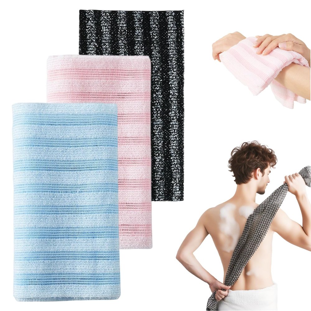 3 Pcs Exfoliating Shower Towel, 2025 New Scrub Towels for Shower Exfoliating, Exfoliating Shower Towel for Smooth and Soft Skin (Stripes)